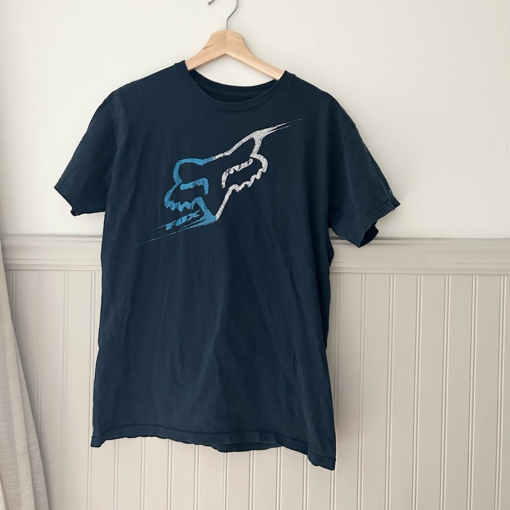 Y2K Fox Racing Men's Medium Navy Blue Logo T-Shirt